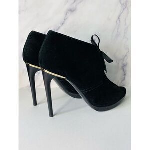 Burberry Black Suede Peep-Toe Ankle Booties with Ribbon Tie
